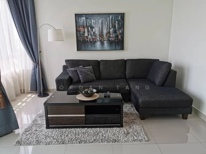 Living features: L-shape sectional sofa in dark grey fabric, coffee table with mixed wood and glass surfaces, area rug with soft texture, framed artwork with cityscape, floor-to-ceiling windows with sheer curtains, lamp with curved arm, white painted walls, glossy tile flooring; style: modern.