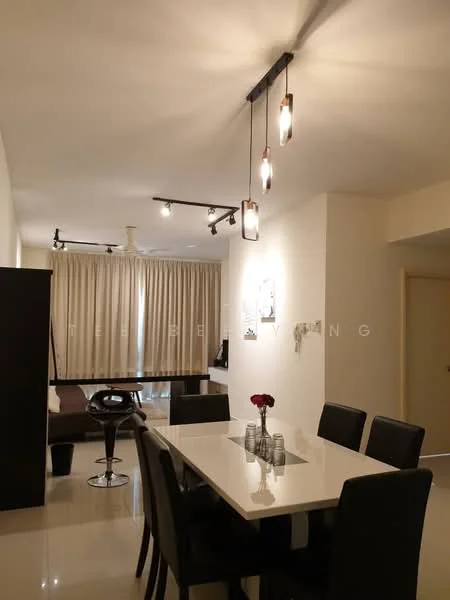 Dining features: white dining table, black upholstered dining chairs, pendant lighting with glass bulbs, recessed ceiling lights, cream painted walls, polished tile flooring, floor-to-ceiling curtains, decorative wall art; style: modern. Living features: sofa, coffee table, TV console; style: modern.