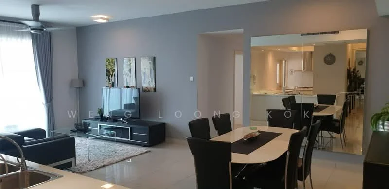 Living features: grey painted walls, floor-to-ceiling windows, sheer curtains, 3-seater fabric sofa in black, 2-seater leather sofa, glass coffee table, TV console, wall-mounted TV, area rug with geometric pattern, dining table for 6 with black chairs, recessed downlights, ceiling fan; style: modern. Kitchen features: white cabinetry, marble countertop, built-in oven, freestanding range oven, stainless-steel sink, chrome pull-down faucet, recessed downlights; style: modern.