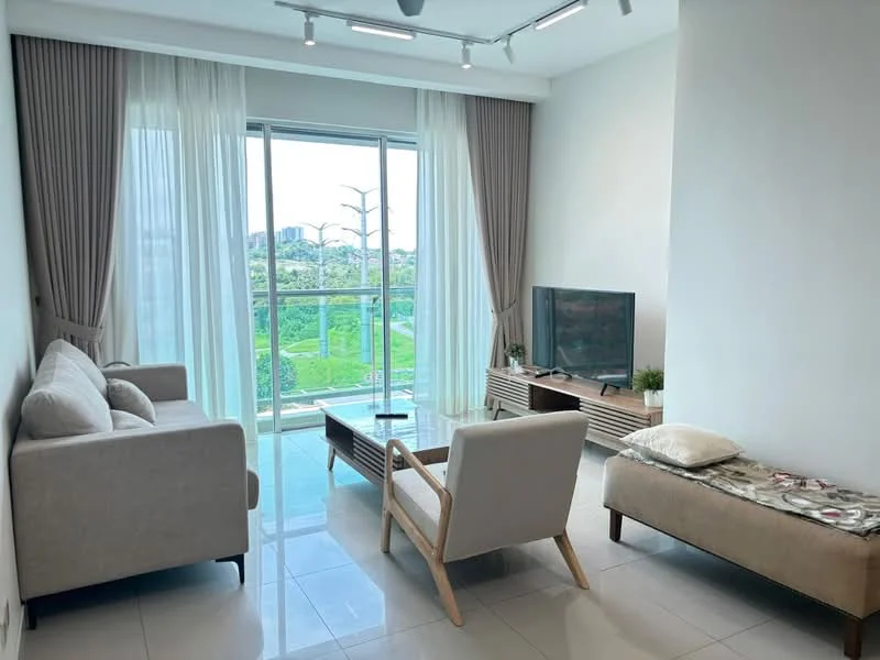 Living features: 3-seater fabric sofa in light grey, single armchair with wooden frame, wooden coffee table, TV console with drawers, wall-mounted flat-screen TV, floor-to-ceiling windows, sheer curtains, recessed ceiling lights, glossy tile flooring, decorative plants; style: modern; view: garden.