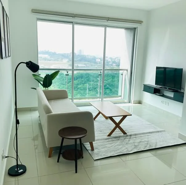 Living features: floor-to-ceiling windows, white walls, light-colored sofa, wood coffee table, area rug with geometric pattern, black floor lamp, wall-mounted TV, TV console, green potted plant, glossy tile flooring; style: modern; view: city.