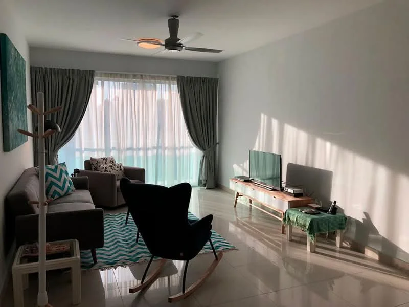 Living features: grey fabric sofa, accent chair in black, coffee table with wooden legs, TV console with wooden finish, floor-to-ceiling windows, sheer curtains, light grey walls, white ceiling, 5-blade ceiling fan with light, area rug with geometric pattern, decorative wall art, magazine rack, green throw blanket; style: modern; view: city.