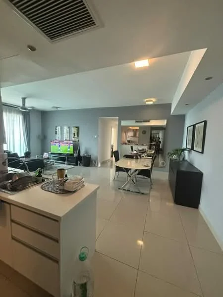 Living features: grey painted walls, white ceiling, recessed downlights, floor-to-ceiling windows, sliding glass door, ceramic tile flooring, black leather sofa, glass coffee table, wall-mounted TV, decorative plants, dining table with chairs, kitchen island with countertop, open-plan layout; style: modern. Kitchen features: white cabinetry, stainless-steel appliances, kitchen island, ceramic tile flooring, open-plan layout; style: modern.