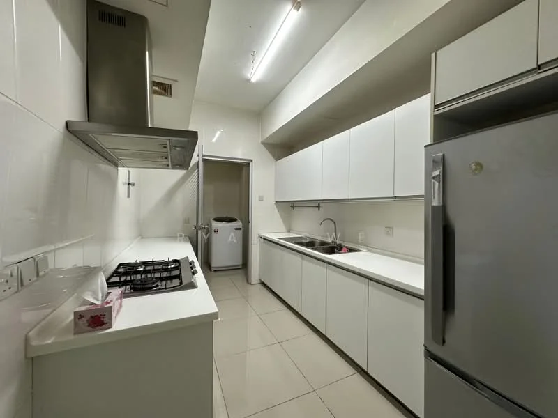 Kitchen features: white cabinetry, stainless-steel gas hob, stainless-steel range hood, double-bowl stainless-steel sink, chrome pull-down faucet, white countertop, ceramic tile flooring, built-in refrigerator, wall-mounted cabinets, under-cabinet lighting, neutral wall tiles, open layout, recessed ceiling lights; style: modern.