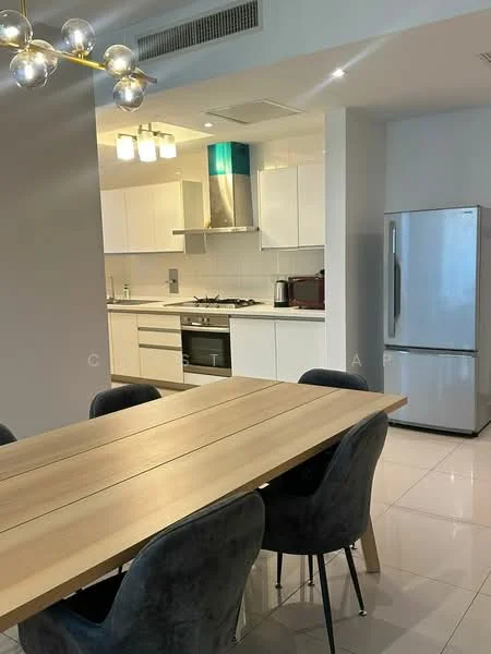 Dining features: 6-seater dining table, light wood table, upholstered dining chairs in grey, pendant lighting fixture, recessed ceiling lights, white walls, glossy tile flooring, open layout to kitchen; style: modern. Kitchen features: white cabinetry, stainless-steel appliances, built-in oven, gas cooktop, stainless-steel range hood, single-bowl stainless-steel sink, chrome pull-down faucet, quartz countertop, backlit turquoise feature wall; style: modern.