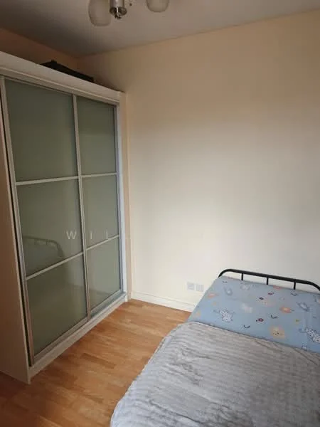 Bedroom features: single bed, light grey bedspread, wooden flooring, built-in wardrobe with sliding glass doors, cream painted walls, ceiling light fixture, window with no visible treatment.