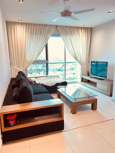 Living features: 3-seater fabric sofa in black, glass coffee table, TV console with storage, wall-mounted TV, floor-to-ceiling windows, sheer curtains, recessed downlights, ceiling fan, white painted walls, light-colored tile flooring, decorative throw blanket, area rug; style: modern; view: city.