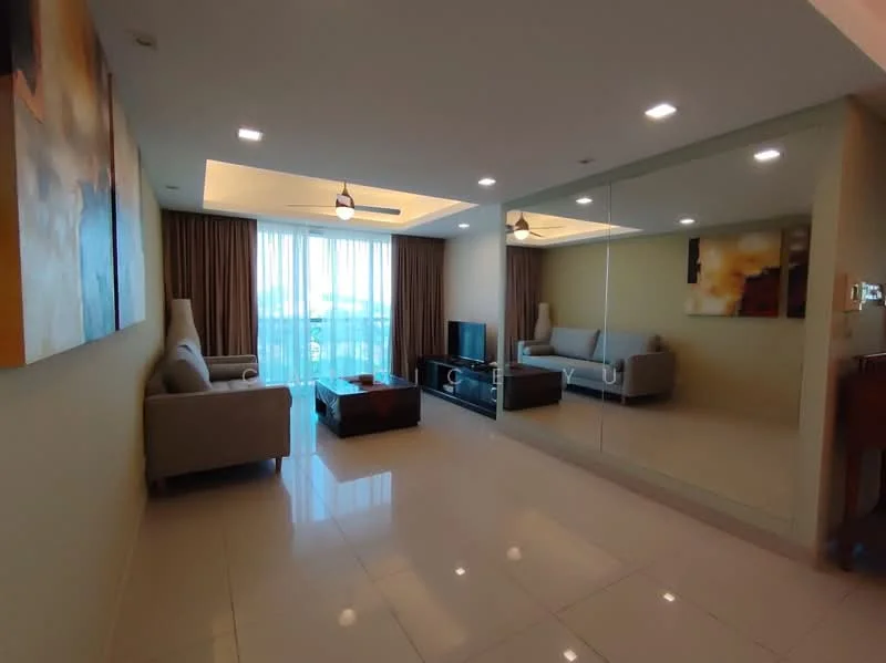 Living features: cream painted walls, white ceiling with recessed lighting, large floor-to-ceiling windows with sheer curtains, grey fabric 3-seater sofa, grey fabric 2-seater sofa, wooden coffee table, TV console, wall-mounted TV, mirror wall, marble tile flooring, decorative artwork, area rug; style: modern; view: city.