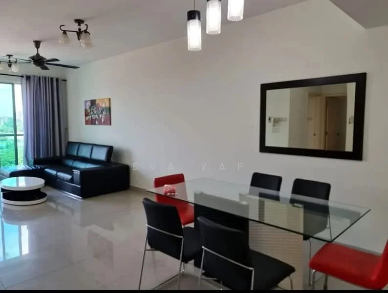 Living features: black leather sofa, white circular coffee table, glass dining table with black and red chairs, recessed downlights, 2-blade ceiling fan, floor-to-ceiling windows, curtains, decorative wall art, white painted walls, polished tile flooring; style: modern; view: garden.