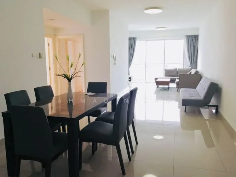 Dining features: 6-seater dining table, black dining chairs, vase with flowers on table, white walls, tile flooring, recessed ceiling lights; style: modern. Living features: sofa, coffee table, floor-to-ceiling windows, curtains, tile flooring, recessed ceiling lights; style: modern.