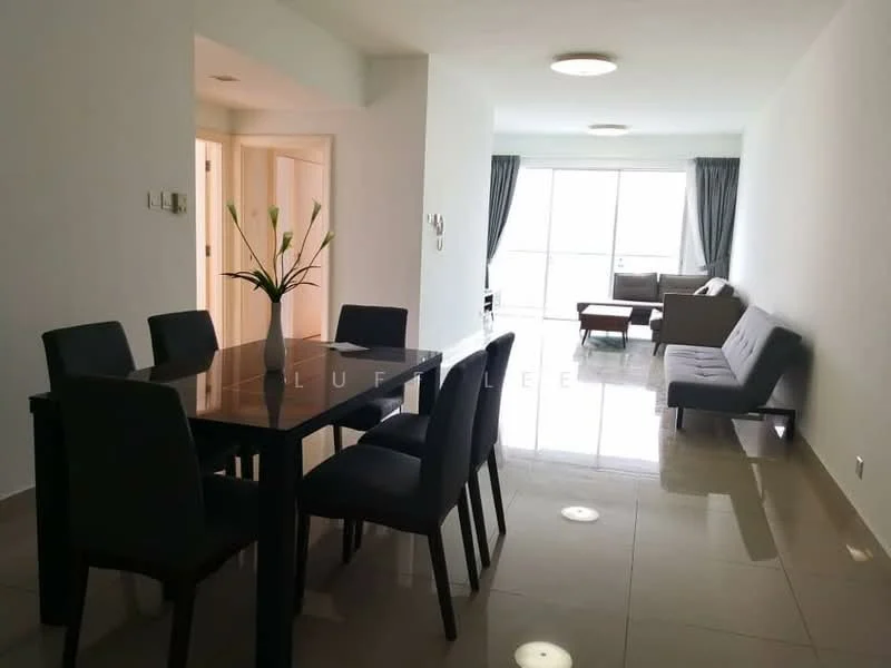 Dining features: 6-seater dining table, black upholstered dining chairs, white walls, polished tile flooring, recessed ceiling lights, decorative vase with flowers; style: modern. Living features: grey fabric sofa, 2-seater grey sofa, floor-to-ceiling windows, curtains, white walls, polished tile flooring, recessed ceiling lights; style: modern.
