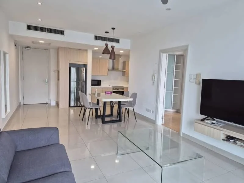 Living features: grey fabric sofa, glass coffee table, wall-mounted TV, TV console, recessed downlights, white painted walls, tile flooring, open-plan layout, dining table with chairs, kitchen area with cabinets, stainless-steel fridge, microwave, pendant lighting; style: modern.