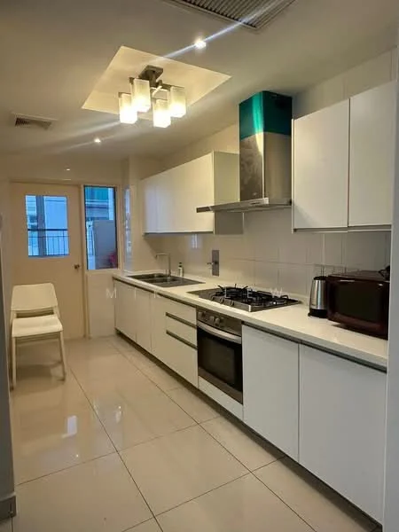 Kitchen features: white cabinetry, stainless-steel built-in oven, stainless-steel gas hob, stainless-steel range hood, white quartz countertop, white tiled backsplash, ceramic tile flooring, recessed downlights, pendant light, single-bowl stainless-steel sink, chrome pull-down faucet, window with view to exterior, kitchen island with seating, microwave, toaster; style: modern.