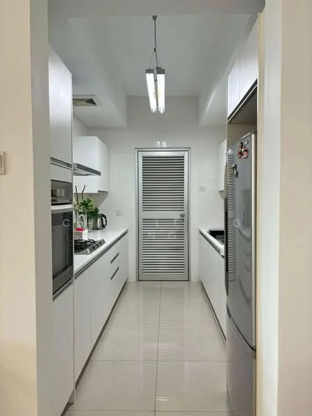 Kitchen features: white cabinetry, stainless-steel fridge, built-in oven, microwave, black countertop, ceramic tile flooring, recessed ceiling lights, sliding glass door, kitchen sink, kettle, toaster, open shelving, wall-mounted cabinets; style: modern.