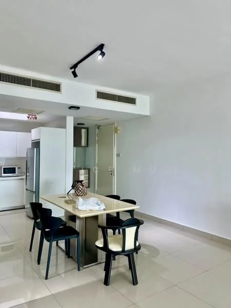 Dining features: dining table with light wood finish, 4 black dining chairs, white walls, glossy tile flooring, recessed downlights, built-in cabinetry, microwave, stainless-steel fridge, open layout to kitchen, doorway leading to other rooms; style: modern.
