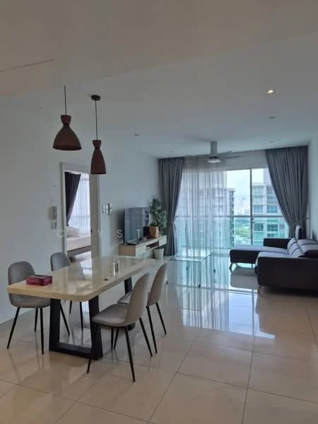 Living features: 3-seater fabric sofa in grey, coffee table, TV console, wall-mounted TV, floor-to-ceiling windows, curtains, recessed downlights, polished tile flooring, ceiling fan, area rug; style: modern; view: city. Dining features: 6-seater dining table, upholstered dining chairs, pendant lamps, decorative centerpiece, open shelving, polished tile flooring; style: modern; view: city.