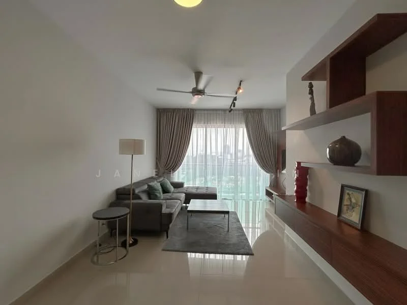 Living features: grey fabric sectional sofa, round side table, floor lamp, ceiling fan with light, recessed downlights, large floor-to-ceiling windows, sheer curtains, decorative wall shelf, framed artwork, area rug, wooden console shelf, decorative vase; style: modern; view: city.