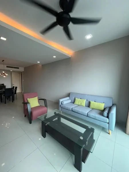 Living features: 3-seater fabric sofa in light grey, 2-seater armchair in maroon, glass coffee table, white tiled flooring, grey painted walls, recessed LED downlights, 5-blade ceiling fan with light, decorative cushions in green, open layout to dining area; style: modern.