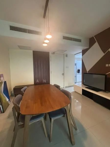 Dining features: wooden dining table, 4 upholstered dining chairs, pendant lighting with multiple bulbs, wall-mounted TV, cream painted walls, dark wood accent wall, glossy tile flooring, built-in TV console, open layout to adjacent room; style: modern.