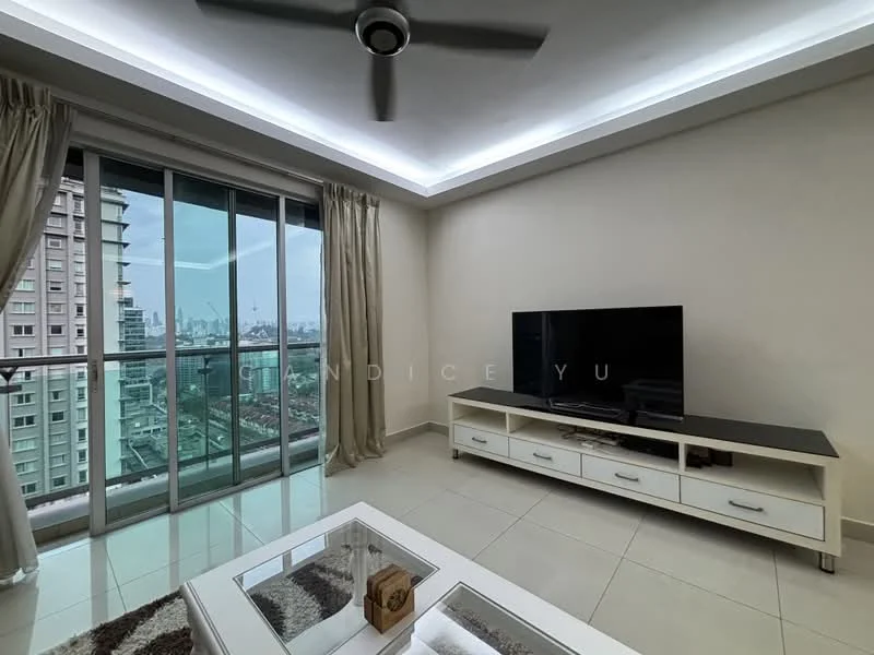 Living features: floor-to-ceiling windows, sliding glass door, cream painted walls, recessed LED downlights, 5-blade ceiling fan, white TV console, black tabletop, area rug with geometric pattern, sofa, decorative box on coffee table, curtains, tile flooring; style: modern; view: city.