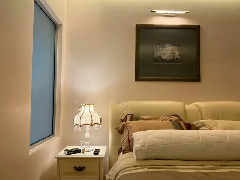Bedroom features: upholstered headboard, queen-size bed, decorative pillows, bedside table, table lamp with shade, framed artwork on wall, light-colored walls, window with sheer curtains, recessed lighting, bedspread, glass of water on bedside table, remote control on bedside table; style: modern.