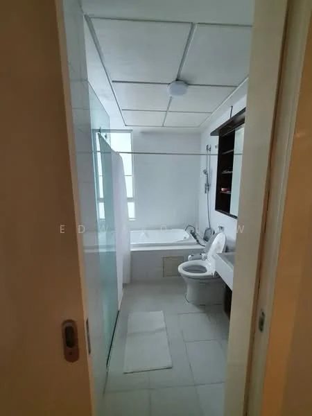 Bathroom features: bathtub, shower enclosure, toilet, vanity with sink, mirror above vanity, white tiled walls, light grey tiled flooring, ceiling light fixture, window for natural light, towel rack; style: modern.