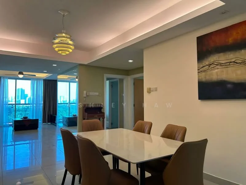 Dining features: 6-seater dining table, upholstered dining chairs, pendant lamp, recessed downlights, white walls, glossy tile flooring, large windows with city view, decorative artwork on wall; style: modern; view: city. Living features: floor-to-ceiling windows, curtains, sofa, coffee table; style: modern; view: city.