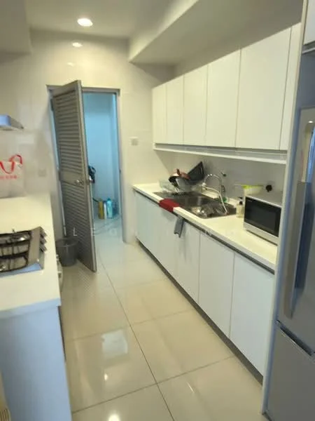 Kitchen features: white shaker cabinets, stainless-steel sink, chrome pull-down faucet, built-in microwave, freestanding range oven, 4-burner gas hob, ceramic tile flooring, recessed downlights, countertop with grey accents, sliding door to utility area, open shelving, wall-mounted cabinets; style: modern.