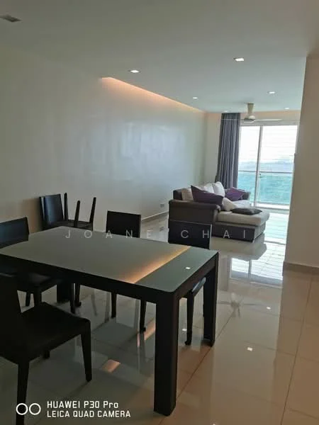 Dining features: black dining table, 4 black dining chairs, white painted walls, glossy tile flooring, recessed LED downlights, floor-to-ceiling windows, grey curtains, sofa with purple and white cushions, living area visible in background, ceiling fan; style: modern; view: city.