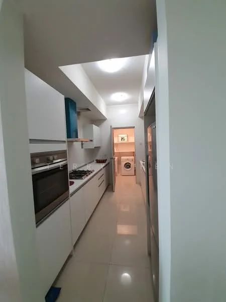 Kitchen features: white cabinetry, stainless-steel built-in oven, stainless-steel microwave, 4-burner gas hob, stainless-steel range hood, double-door fridge, white tiled backsplash, polished ceramic tile flooring, recessed ceiling lights, laundry area visible at the end, open layout, countertop space, wall-mounted cabinets; style: modern.