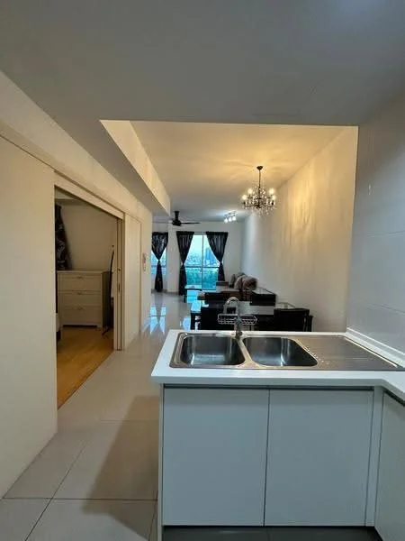 Kitchen features: double-bowl stainless-steel sink, chrome pull-down faucet, white cabinetry, white countertops, ceramic tile flooring, recessed downlights, open layout to living area; style: modern. Living features: sofa, dining table, chandelier, floor-to-ceiling windows, blackout curtains; style: modern. Room features: wooden flooring.