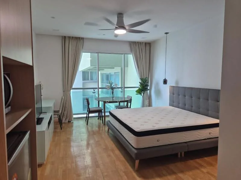 Bedroom features: king-size bed, upholstered headboard, wooden flooring, 5-blade ceiling fan with light, floor-to-ceiling windows, sheer curtains, dining table for two, two dining chairs, decorative plant, TV console, wall-mounted TV; style: modern; view: garden.