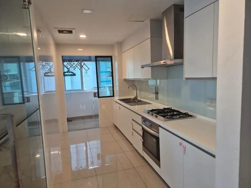Kitchen features: white cabinetry, marble countertop, stainless-steel sink, chrome pull-down faucet, built-in oven, 4-burner gas hob, stainless-steel range hood, glass backsplash, tile flooring, floor-to-ceiling windows, open shelving, hanging rack for utensils; style: modern; view: city.