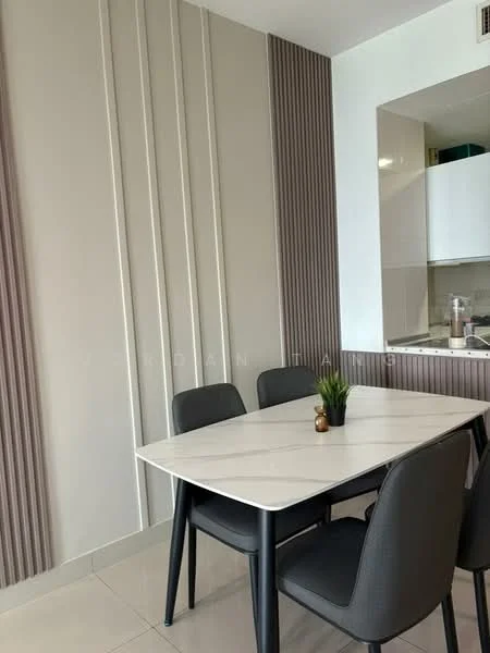 Dining features: rectangular dining table with marble top, 4 black upholstered dining chairs, light grey painted walls, textured wall paneling in beige and taupe, floor-to-ceiling windows, neutral tile flooring, small decorative plant on table, minimalist decor; style: modern.