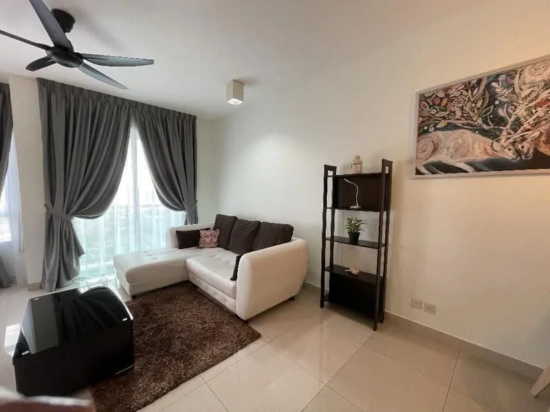 Living features: 3-seater fabric sofa in white, 2-seater fabric sofa in brown, coffee table in black, area rug in brown, floor-to-ceiling windows with sheer curtains, ceiling fan with 3 blades, wall-mounted artwork, open shelving unit, decorative plant on shelf, light fixture in ceiling; style: modern; view: city.