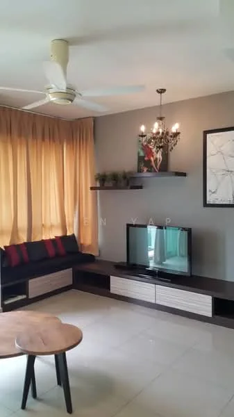 Living features: 3-seater fabric sofa in black, wooden coffee table, TV console with storage, wall-mounted TV, chandelier with decorative elements, ceiling fan, cream curtains, grey painted walls, shelf with plants, tile flooring; style: modern.