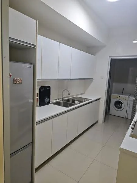 Kitchen features: white cabinetry, double-bowl stainless-steel sink, chrome pull-down faucet, stainless-steel fridge, built-in oven, ceramic tile flooring, recessed downlights, white walls, laundry area with washing machine, countertop with backsplash; style: modern.