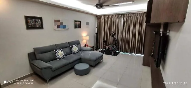 Living features: 3-seater fabric sofa in grey, decorative cushions, round ottoman, lampshade table lamp, wall-mounted TV, TV console, exercise bike, floor-to-ceiling curtains, light-colored walls, tile flooring, ceiling fan with light, decorative wall art; style: modern.