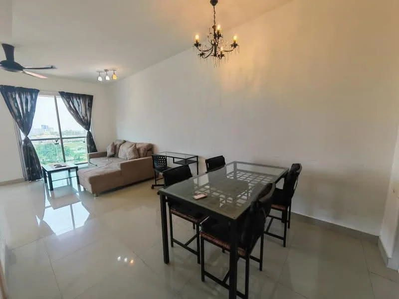 Living features: 3-seater fabric sofa in beige, glass-top dining table, 4 black dining chairs, chandelier, ceiling fan, floor-to-ceiling windows, curtains with floral pattern, tile flooring, green view from window, light fixtures, neutral painted walls; style: modern; view: garden.