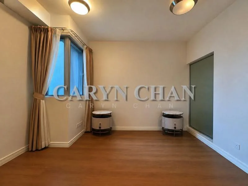 Room features: wooden flooring, white painted walls, floor-to-ceiling windows, sheer curtains, two round side tables, recessed ceiling lights, corner glass wall, neutral color scheme; style: modern.
