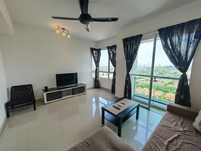 Living features: 3-seater fabric sofa in beige, black coffee table, TV console with storage, wall-mounted TV, floor-to-ceiling windows, sheer curtains, blackout curtains, ceiling fan with light, recessed downlights, glossy tile flooring, decorative wall art, city view from window; style: modern; view: city.
