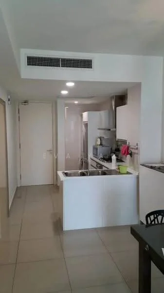 Kitchen features: white cabinetry, stainless-steel fridge, built-in oven, freestanding range oven, single-bowl stainless-steel sink, chrome pull-down faucet, white quartz countertop, ceramic tile flooring, recessed downlights, sliding door, kitchen island, open shelving, dishwasher; style: modern.