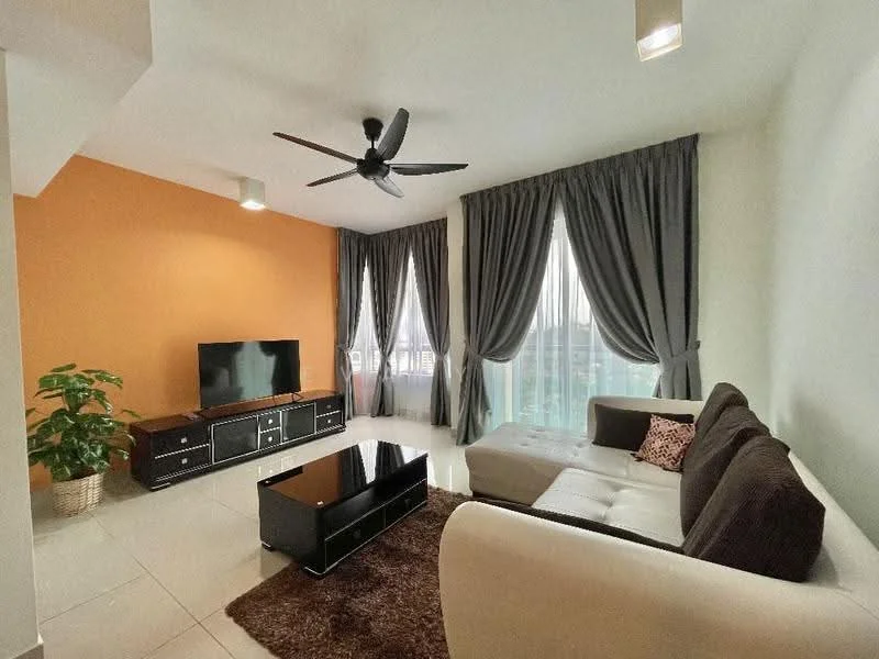 Living features: 3-seater fabric sofa in white, coffee table with glass top, TV console in black, wall-mounted TV, area rug in brown, floor-to-ceiling windows, sheer curtains, blackout curtains, 5-blade ceiling fan with light, decorative plant in pot, accent wall in orange, grey painted walls, recessed downlights; style: modern; view: city.