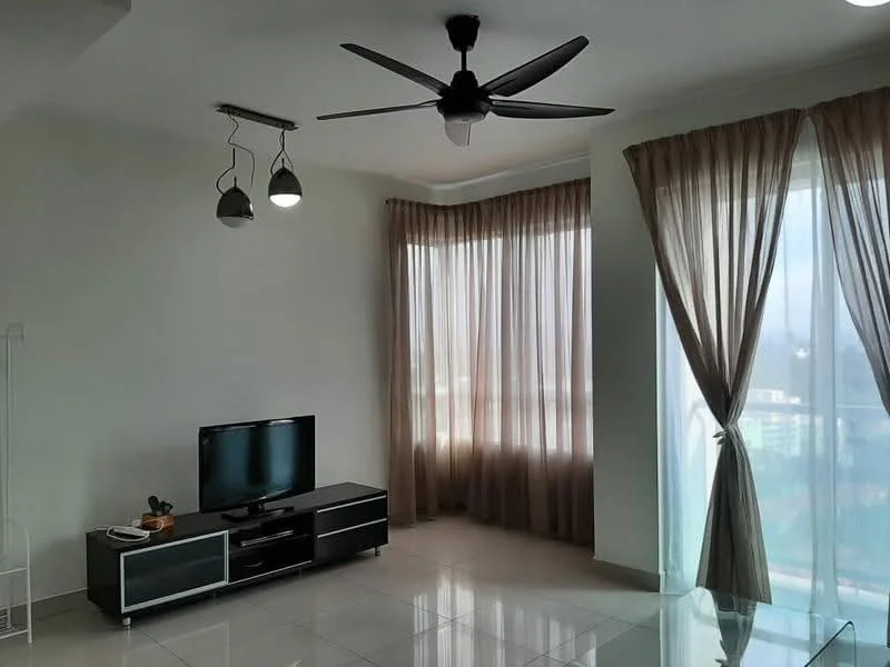Living features: 5-blade ceiling fan with light, wall-mounted TV, black TV console, large windows with sheer curtains, brown curtains, glossy tile flooring, neutral painted walls, decorative items on TV console; style: modern; view: city.