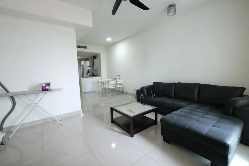 Living features: black leather sectional sofa, glass coffee table with dark wood frame, white painted walls, polished ceramic tile flooring, ceiling fan, recessed lighting, ironing board, dining table with chairs visible in background; style: modern.