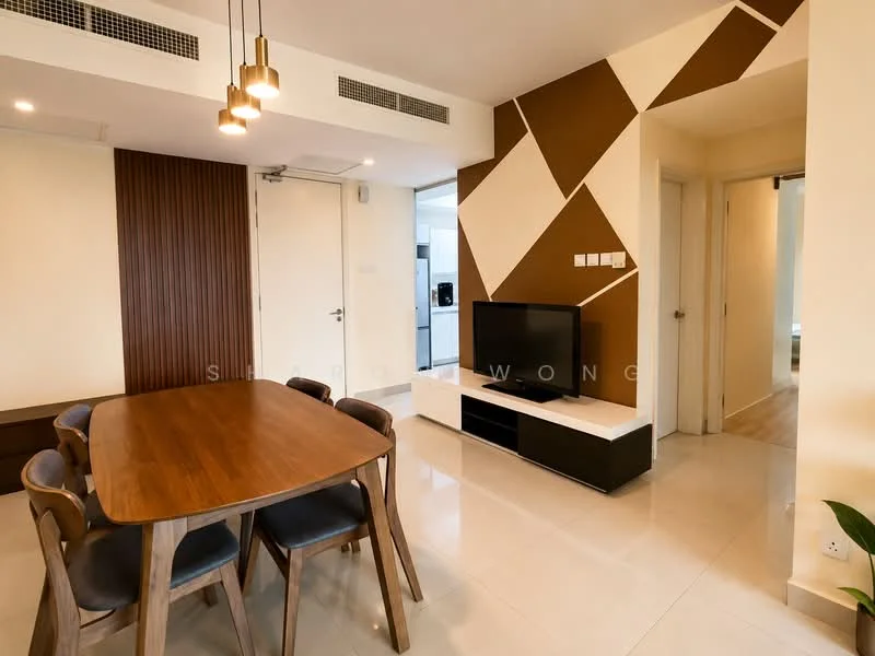 Dining features: wooden dining table, 4 dining chairs, white TV console, black storage unit, wall-mounted TV, cream painted walls, geometric accent wall in brown, recessed ceiling lights, floor-to-ceiling windows, glossy tile flooring; style: modern.