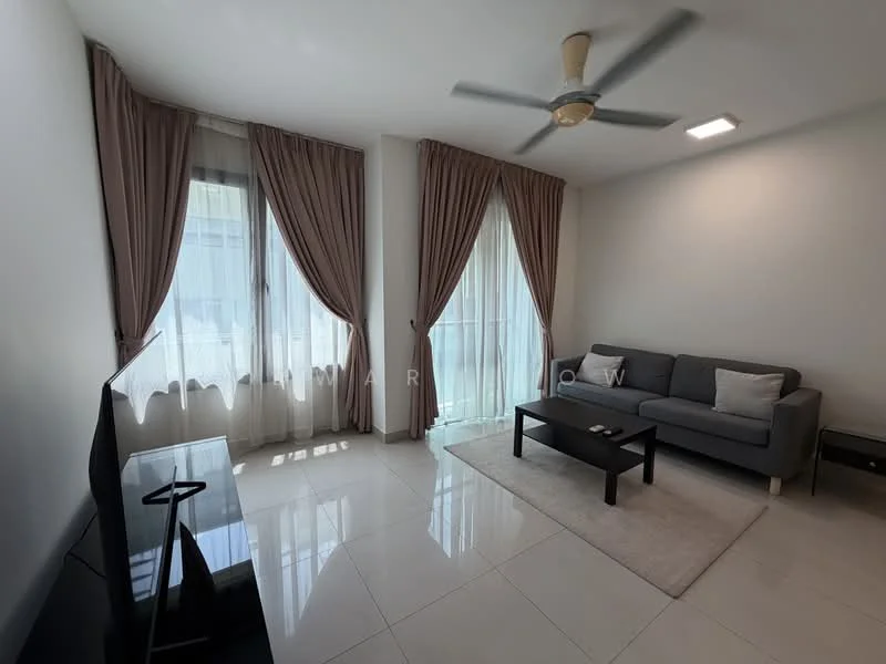 Living features: 3-seater fabric sofa in grey, coffee table, TV console, wall-mounted TV, area rug, 5-blade ceiling fan with light, floor-to-ceiling windows, sheer curtains, white painted walls, polished ceramic tile flooring, recessed downlights; style: modern.