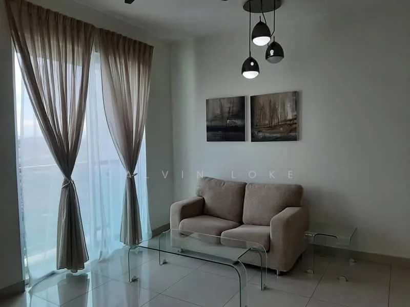 Living features: beige fabric 2-seater sofa, glass coffee table, glass side table, floor-to-ceiling windows, sheer curtains, drapes, recessed downlights, wall art with landscape theme, tile flooring, neutral wall colour; style: modern; view: city.