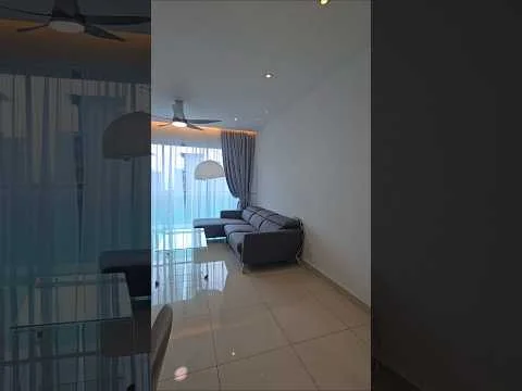 Living features: 3-seater fabric sofa in grey, coffee table, floor-to-ceiling windows, sheer curtains, recessed downlights, ceiling fan, white painted walls, glossy tile flooring, decorative wall, area rug; style: modern; view: city.