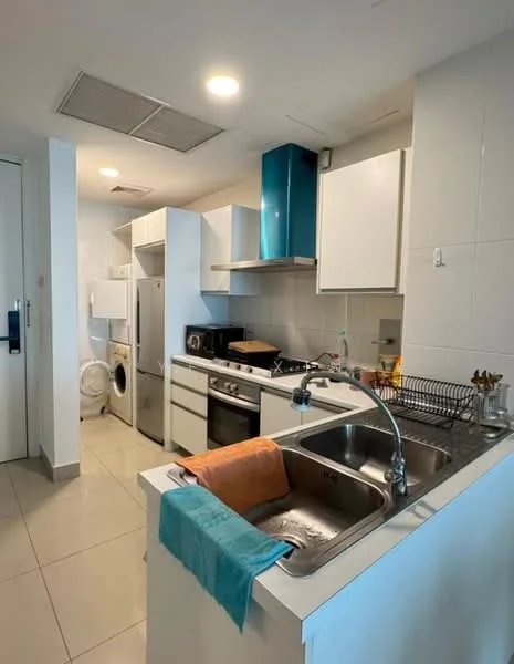 Kitchen features: white cabinetry, stainless-steel sink, chrome pull-down faucet, gas hob, built-in oven, stainless-steel fridge, washing machine, white tiled backsplash, grey countertop, overhead cabinets, under-cabinet lighting, tile flooring, recessed downlights; style: modern.
